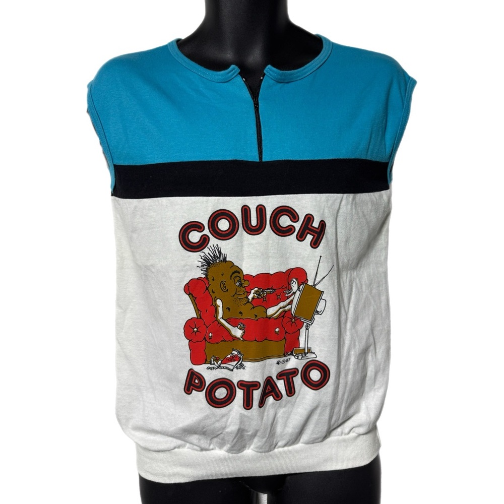 Vintage Couch Potato Pullover 1/4 Zip Sleeveless Tee Shirt M USA Funny Humor